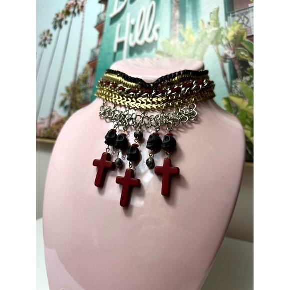 Topshop Silver Gold Black Skulls Cross Stacked Chain Choker Statement Necklace - Picture 4 of 6